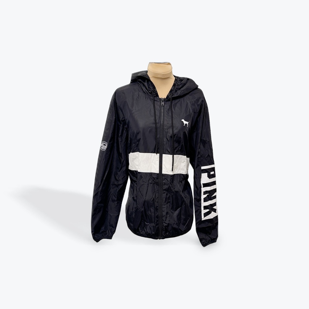 PINK‎ Victoria's Secret Black White Logo Windbreaker Hooded Jacket Women's